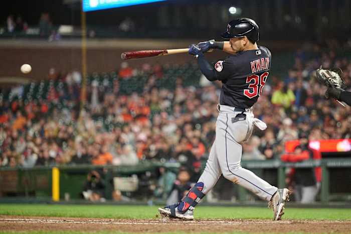 Sep 11, 2023; San Francisco, California, USA; Cleveland Guardians outfielder Steven Kwan (38) hits a RBI single against the San Francisco Giants during the seventh inning at Oracle Park.